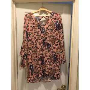 Pink Rose Long Bell Sleeve Flower Dress